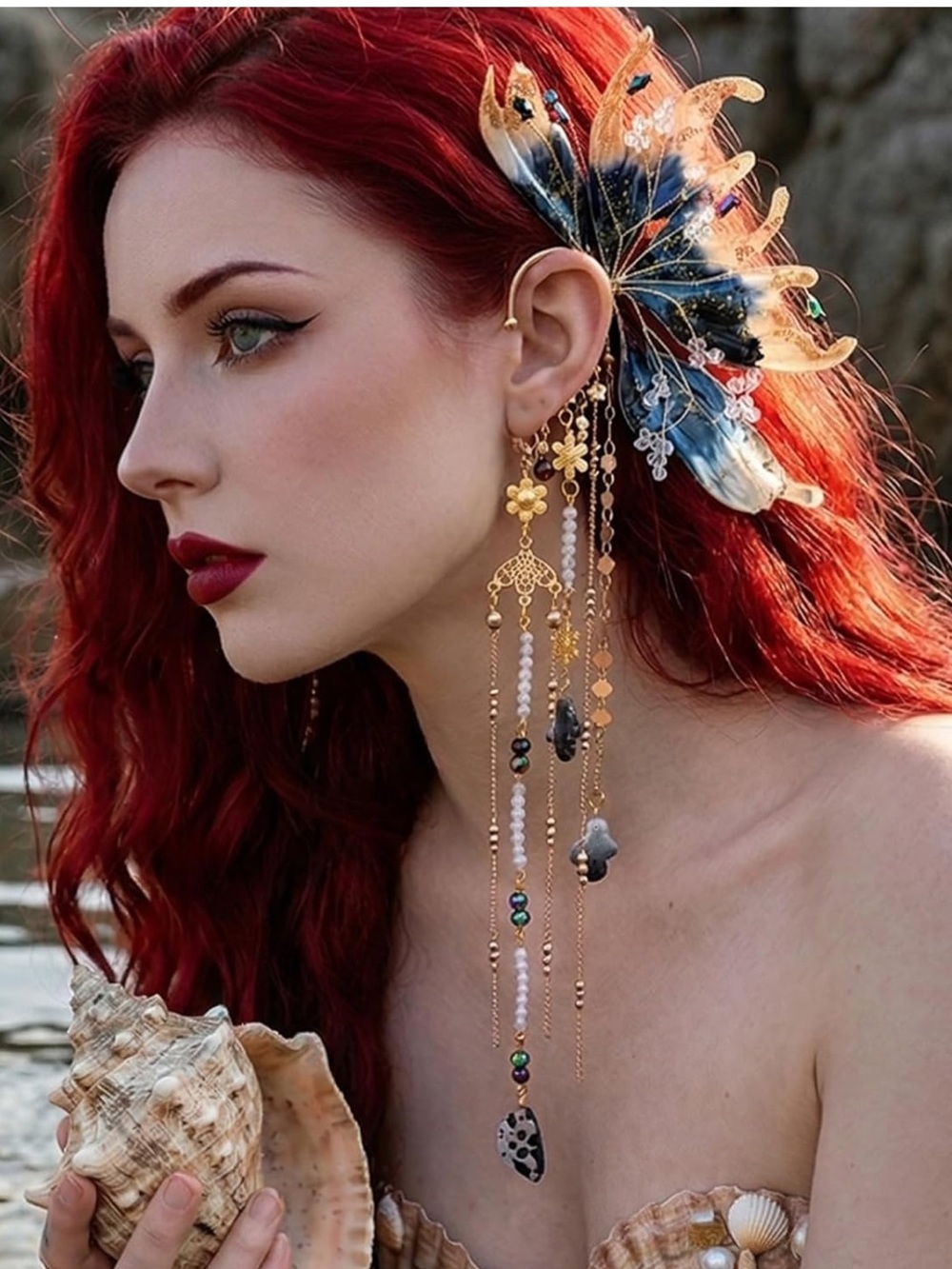 Halloween Fairy Ear Cuff with Long Dangle Chains & Crystal Details